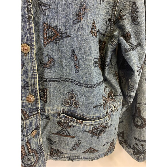 Chico's Design Silk Lining, Embroidered & Beaded Blue Jean Jacket Women 2 /M - Picture 6 of 16